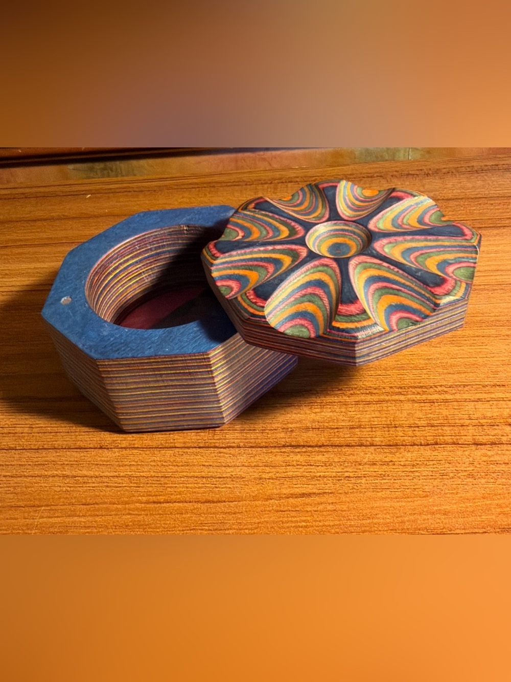 Island Bamboo Pakkawood Salt Cellar Rainbow Wood Swivel Lid Magnetic Box 3.5"